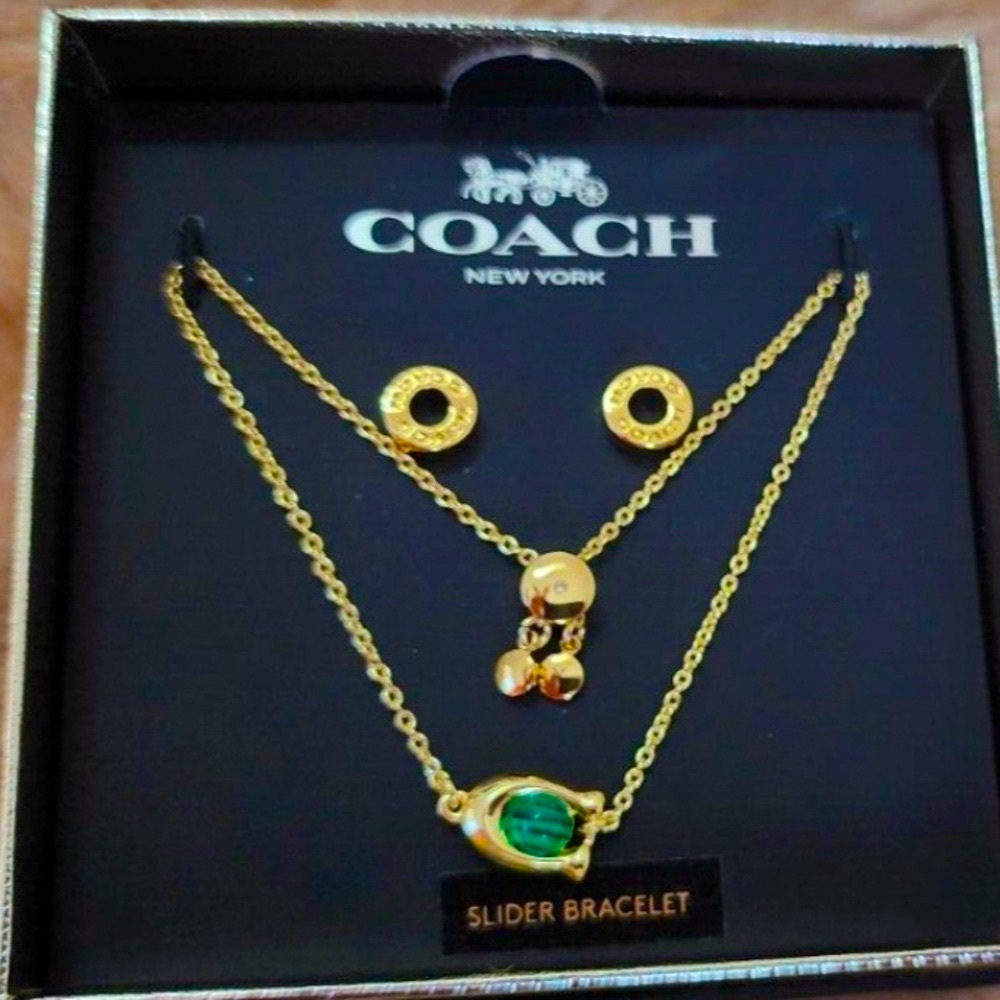 COACH New York  Slider Bracelet & Circle Logo Studs Earrings Green Malachite NIB